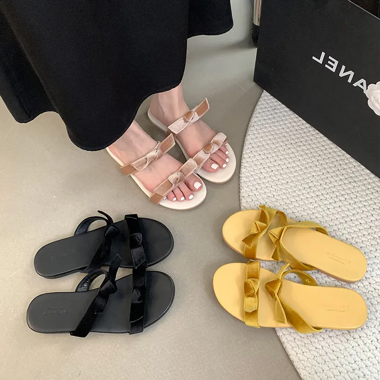 爆款韩系低跟平底露趾一字带蝴蝶结凉拖鞋女夏季外穿小众沙滩凉鞋