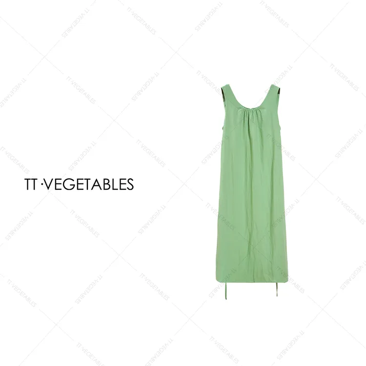 TT・VEGETABLES【序白】绿紫 苎麻纯色无袖肩带圆领女装连衣裙511975