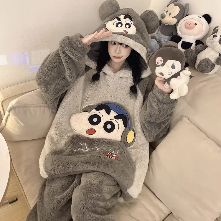 冬季法兰绒连帽睡衣女卡通可爱女生加绒保暖珊瑚绒大码家居服套装