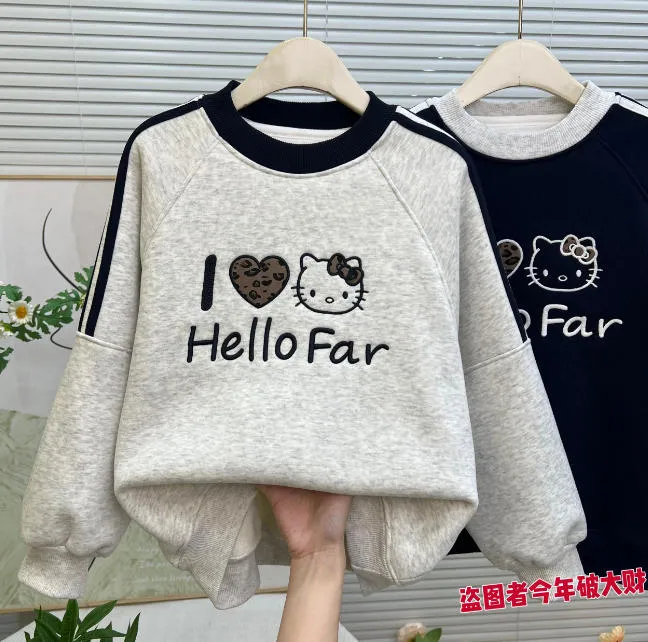 【冬日暖阳】2025冬季女童刺绣小猫卡通羊羔绒中大童卫衣11659