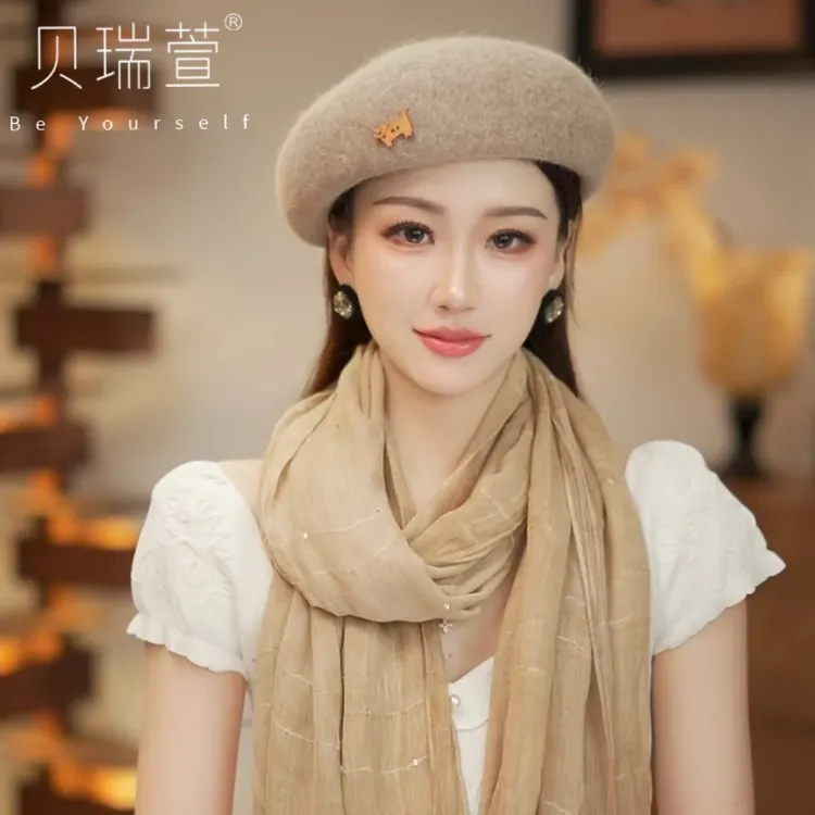 高品质羊毛兔毛贝雷帽女生韩版帽子百搭文艺复古画家帽冬季MZ626