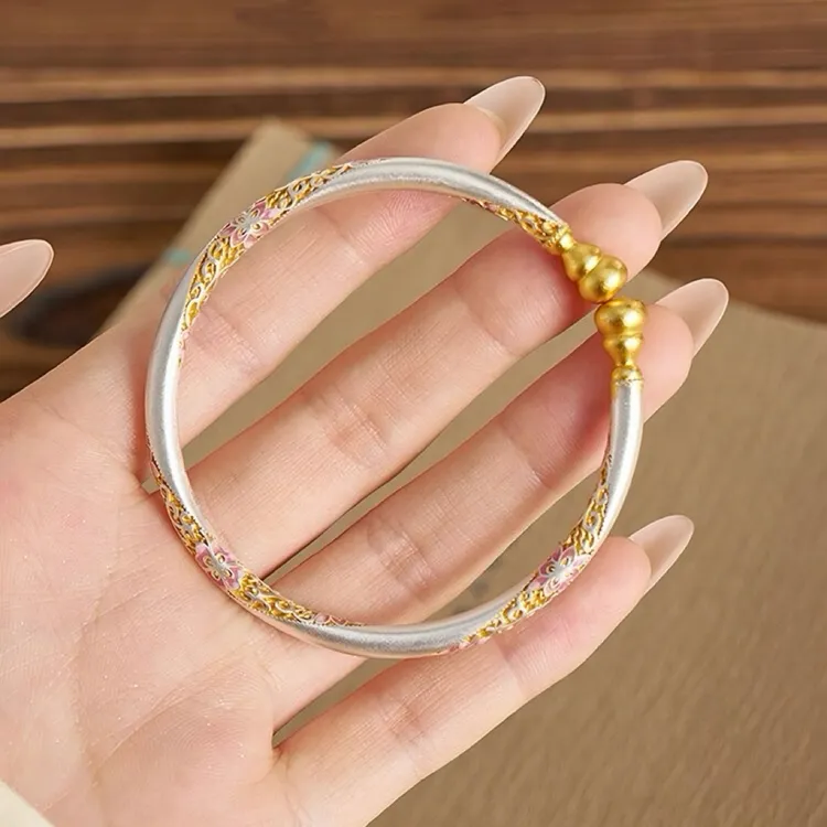 足银手镯 999足银新中式复古珐琅彩花描金葫芦银手镯送女友礼物