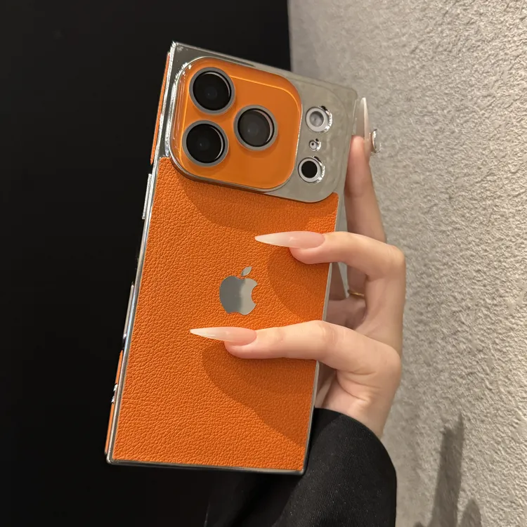 方形电镀荔枝纹适用苹果17promax手机壳简约iPhone16时尚15轻奢14