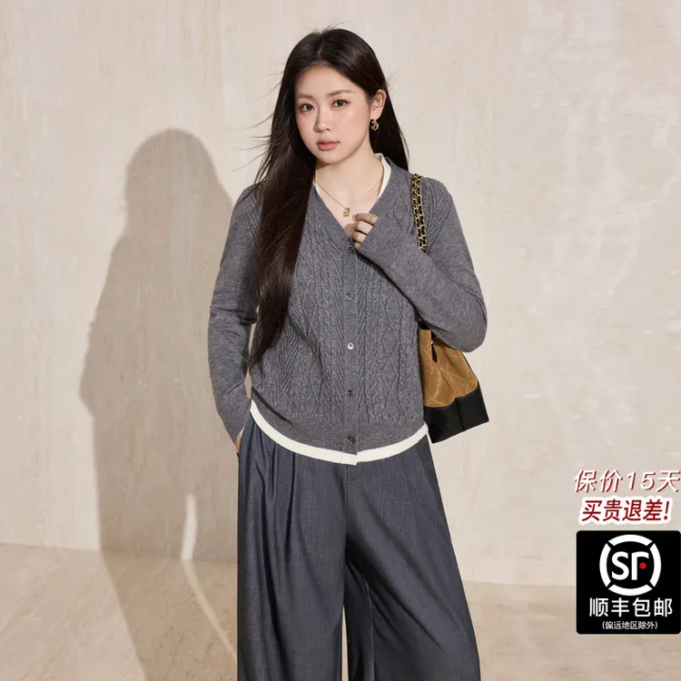 蓝语大码女装V领长袖开衫款毛针织衫常规拼接单排扣秋冬2025新款