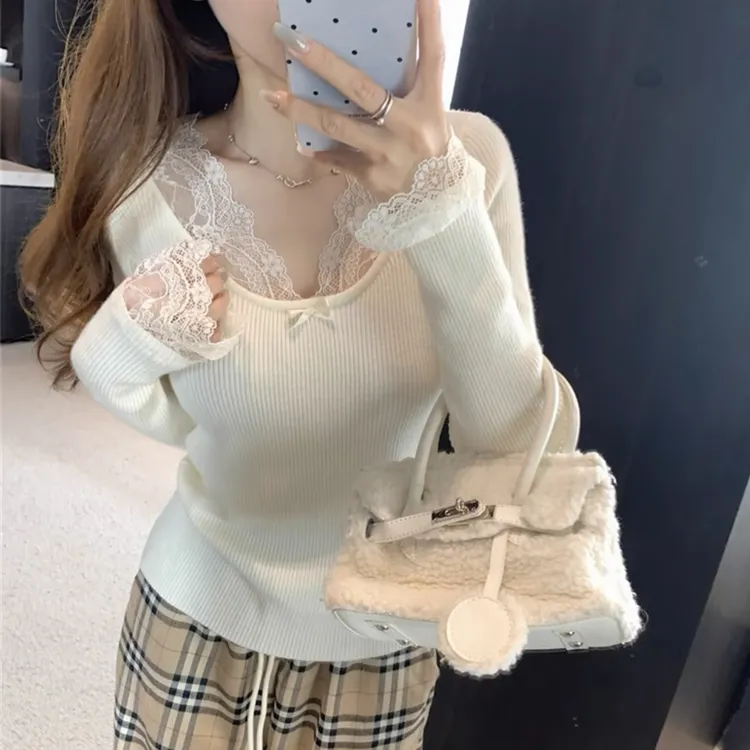 秋冬季纯欲风蕾丝拼接设计感针织百搭修身显瘦网红打底上衣#3010