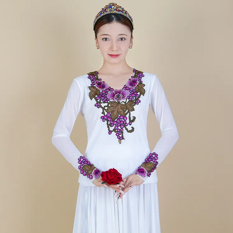 民族风时尚云感透气高织弹力百搭妈妈款葡萄玫瑰花网纱上衣