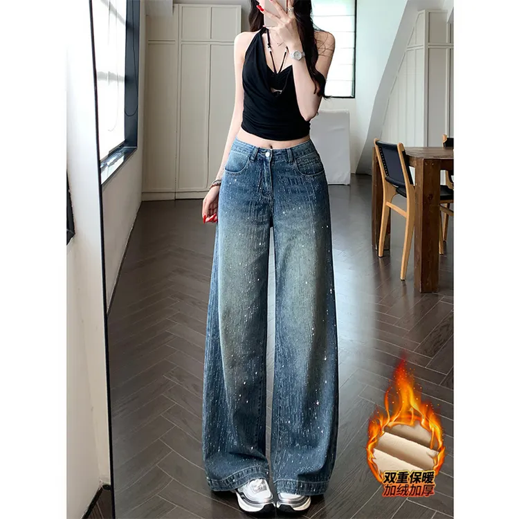 流星雨重工烫钻加绒阔腿牛仔裤女2025冬季新款高腰显瘦高级感长裤