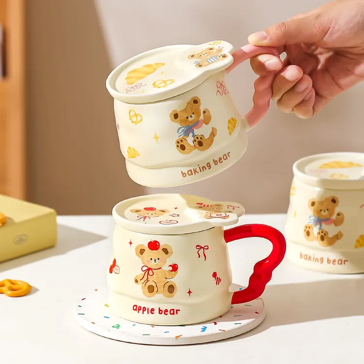 川岛屋可爱马克杯带盖陶瓷杯子家用高颜值喝水杯女生办公室咖啡杯