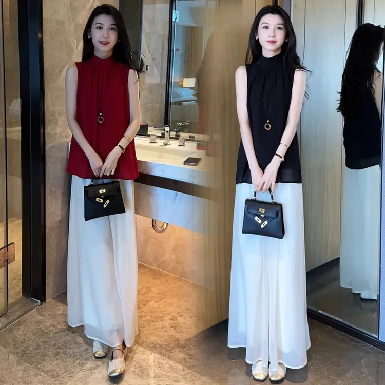 时尚套装女2025夏季新款洋气显瘦无袖衬衫上衣阔腿裤减龄两件套潮