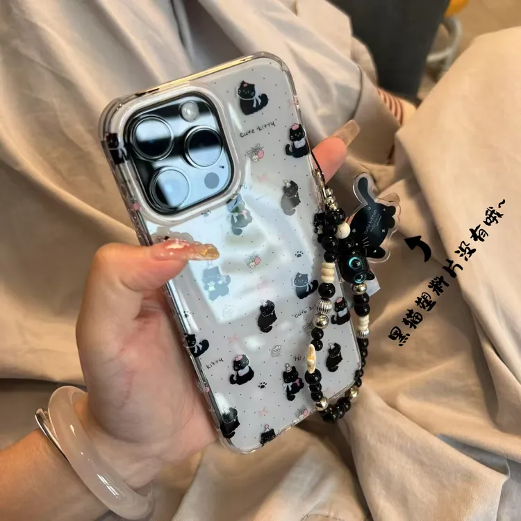奥菲顿甜甜小黑猫挂绳适用iPhone16大孔手机壳华为vivo小米oppo套
