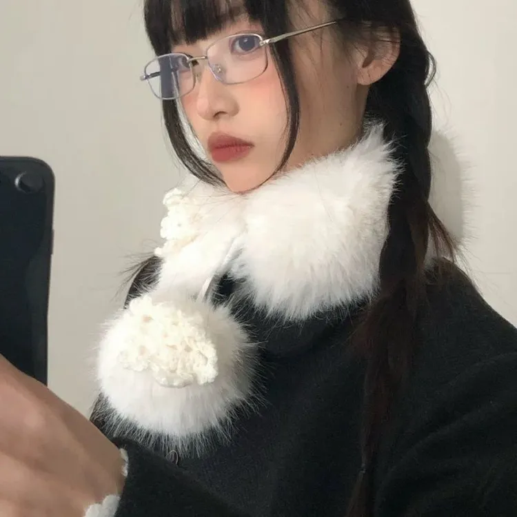 白色毛绒毛毛小巧围巾女冬季韩系加绒护颈保暖可爱毛领围脖毛茸茸