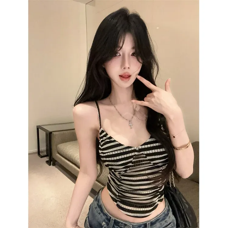 不规则条纹吊带背心女夏泰式辣妹性感v领鱼骨抹胸小上衣独特绝美
