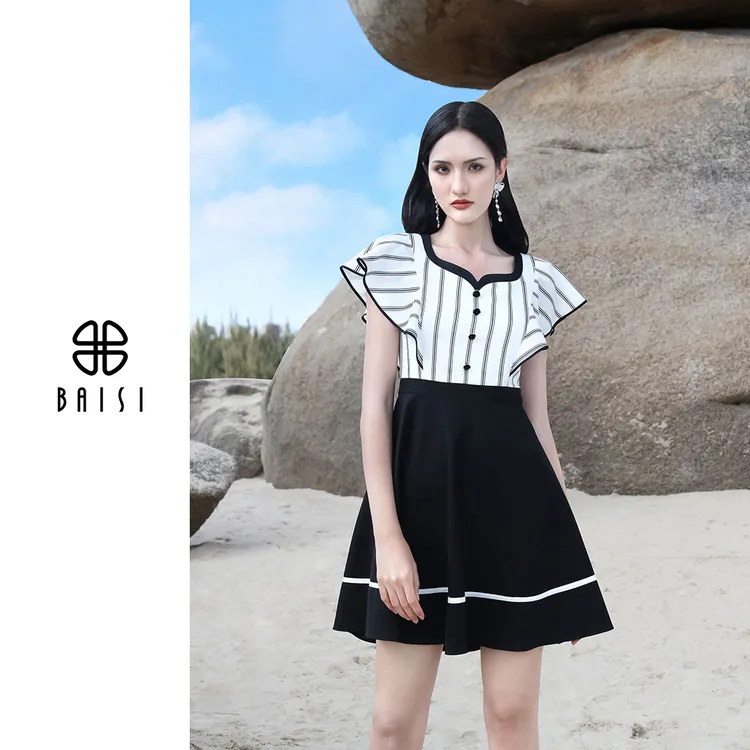 BAISI/百丝A字黑白拼接撞色裙常规短袖中裙连衣裙显瘦夏装公主裙