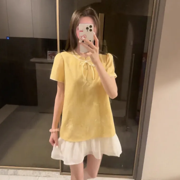 AA【烟雨江南】夏款韩系短袖波点百褶裙减龄显瘦千金风宽松显瘦裙