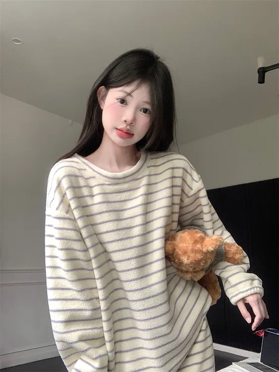 韩系简约圆领套头加厚保暖珊瑚绒睡衣女秋冬季条纹休闲家居服套装