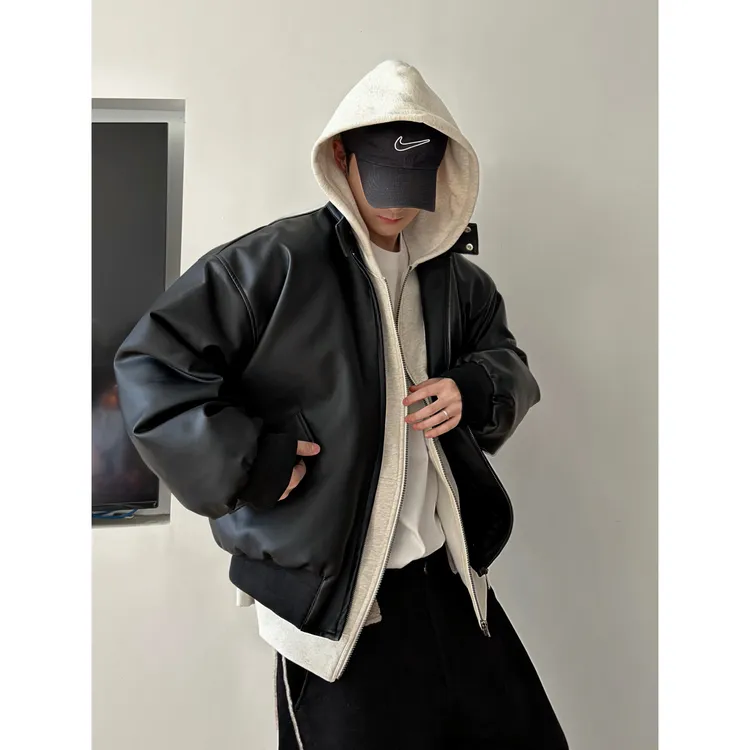 dannyandzee冬季复古百搭哑光黑色痞帅立领防风PU皮棉衣外套870