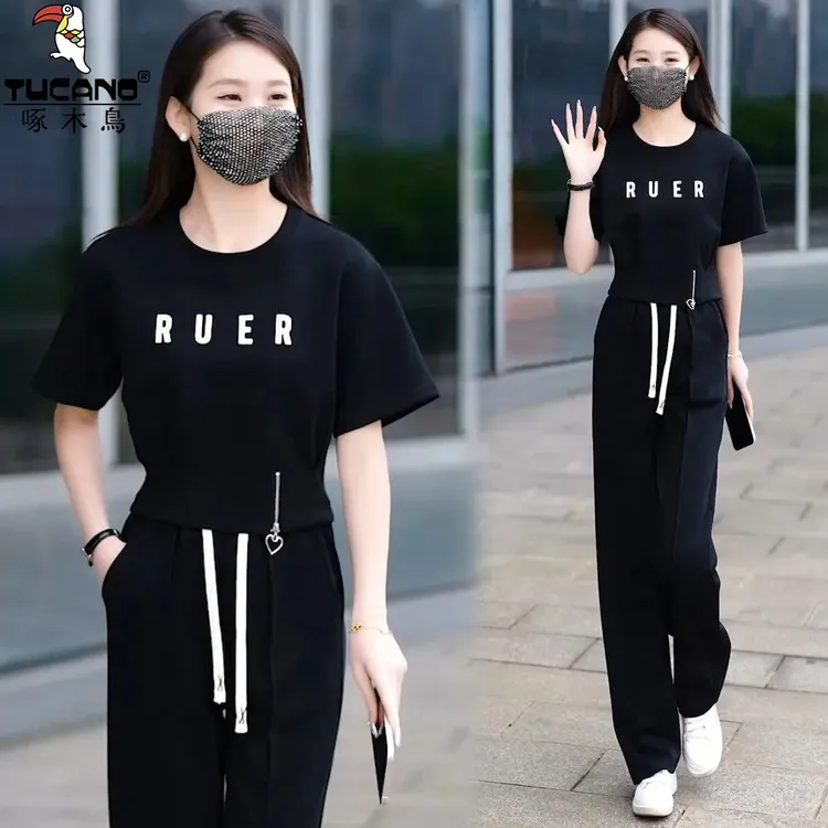啄木鸟纯棉休闲运动套装女夏季新款韩版宽松显瘦时尚减龄两件套潮