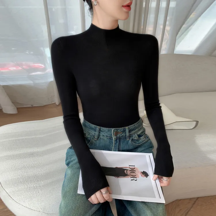 扬子纱无缝一体精纺半高领纯羊毛衫女修身薄款针织毛衣内搭打底衫