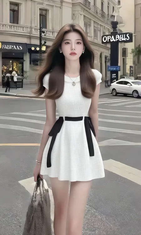 2025夏季新款白色格子圆领收腰短袖连衣裙女小众时尚气质显瘦女装