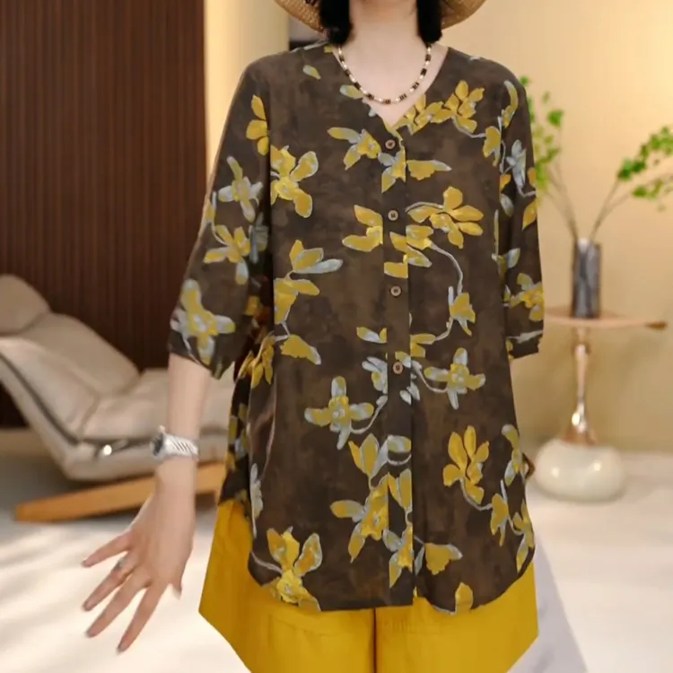 2025夏季新款时尚气质百搭显瘦宽松休闲洋气设计感印花衬衫上衣