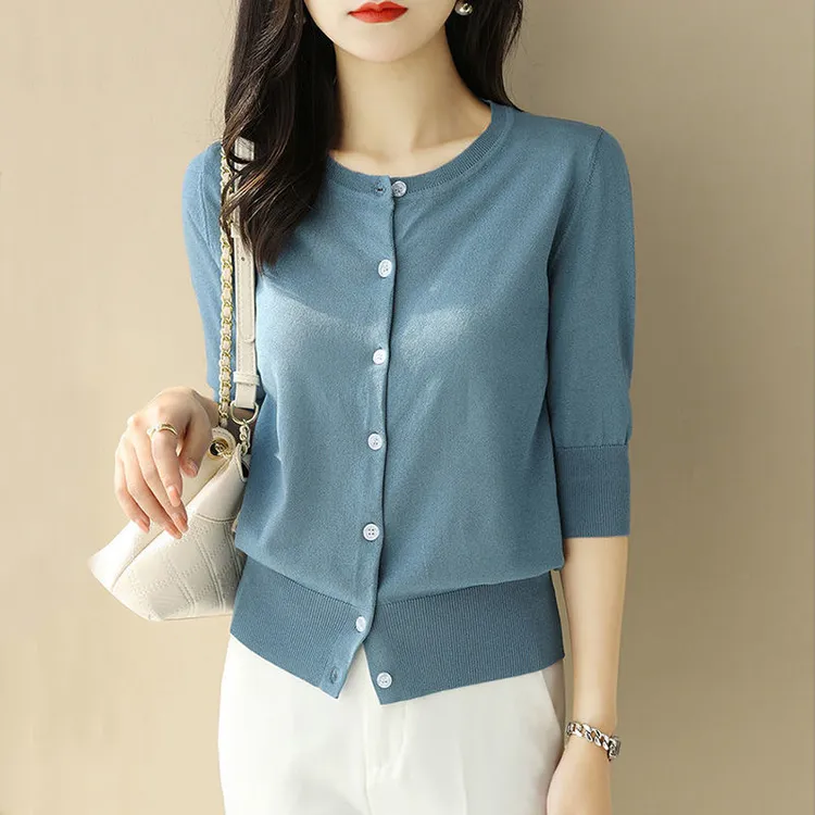 气质单穿防嗮中袖冰丝开衫女2025夏季新款宽松五分袖针织衫上衣薄