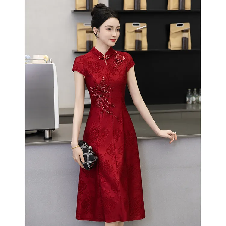 中式立领短袖喜服旗袍高贵夏季中长款新娘喜妈妈喜婆婆优雅A摆裙