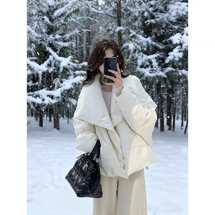 大翻领90白鸭绒白色短款羽绒服女冬季韩系保暖小个子设计感短外套