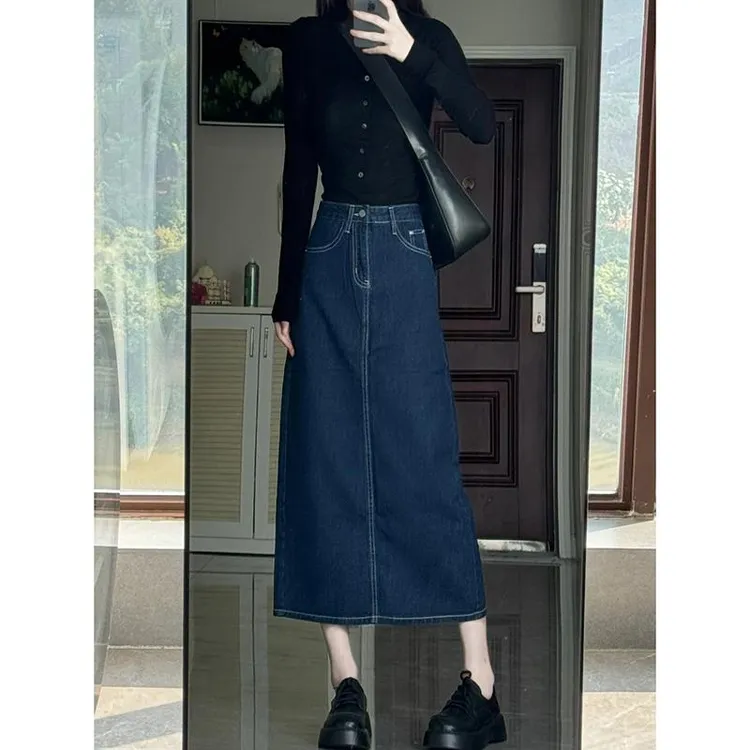 深蓝色牛仔半身裙女夏季气质复古宽松高腰遮垮开叉a字中长包臀裙