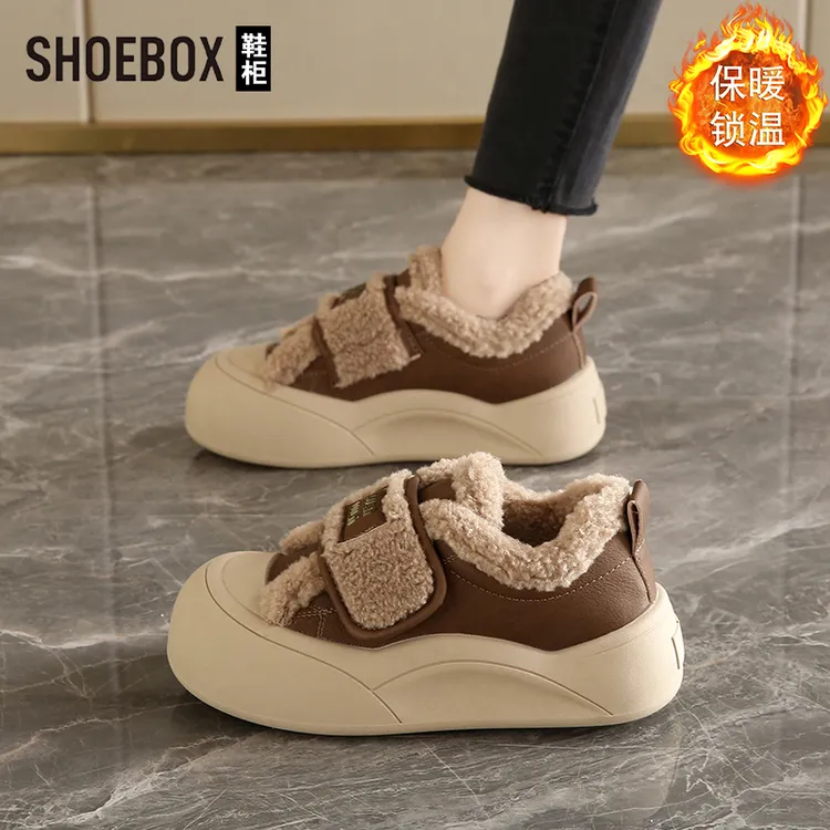 达芙妮集团旗下厚底魔术贴丑萌面包鞋女冬季2025新款羊羔毛毛棉鞋
