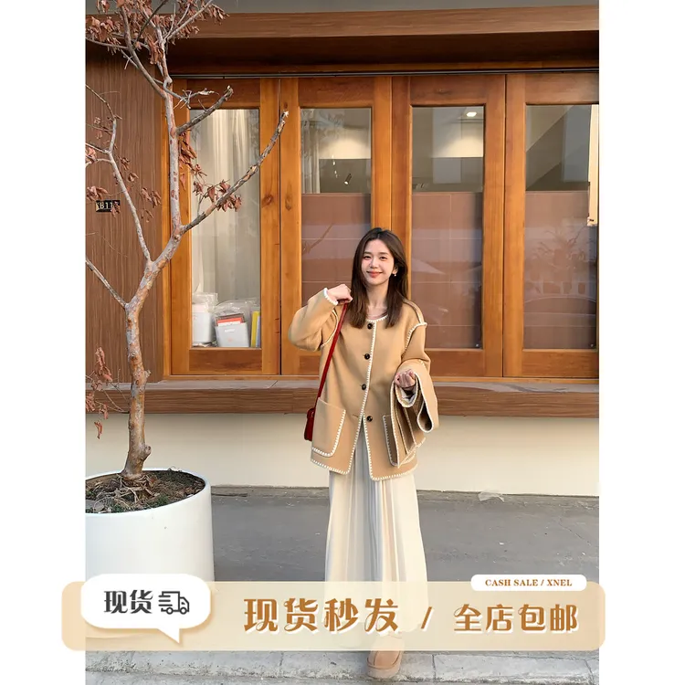 现货陳文文【巴黎旧刊】冬圆领小香风毛绒保暖毛呢外套39244MN3923