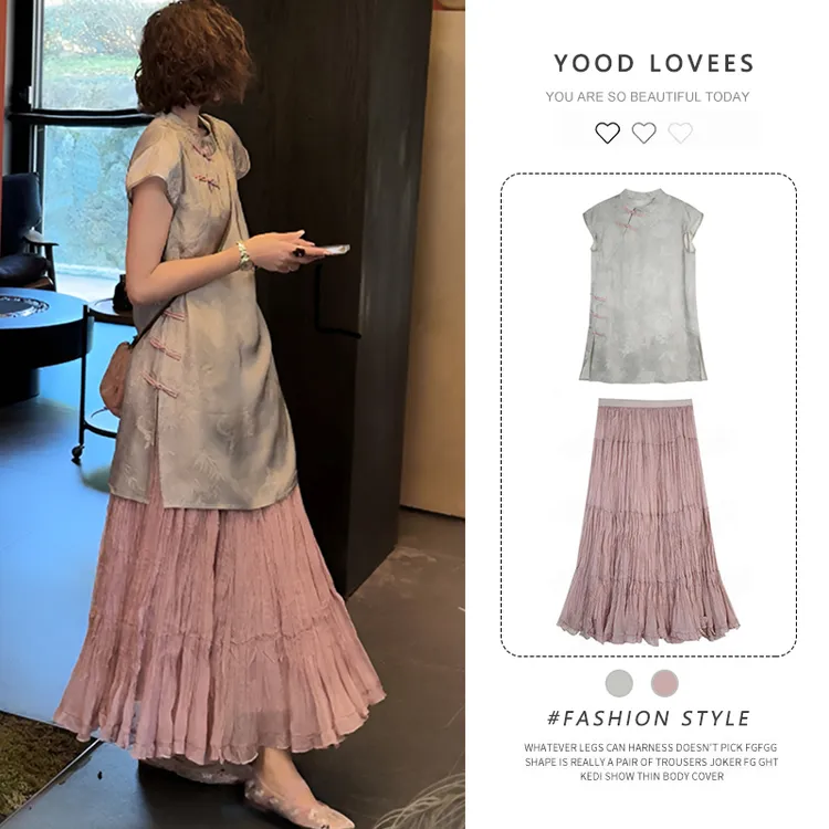 新中式国风缎面印花上衣衬衣女夏2025新款木耳边蛋糕裙半裙两件套