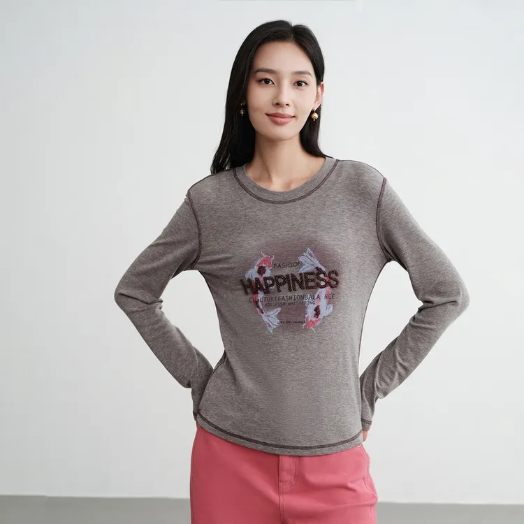 EP雅莹2025新款女装 字母绣珠舒适绒绒棉修身长袖T恤上衣5311A