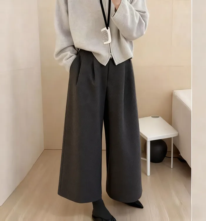 毛呢裤女2025秋冬季新款九分加厚高腰时尚慵懒风休闲裤百搭阔腿裤