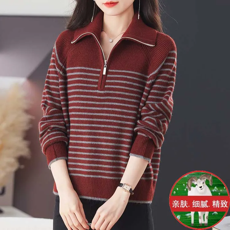 小个子女毛衣宽松外穿早秋半拉链针织衫条纹妈妈装时尚