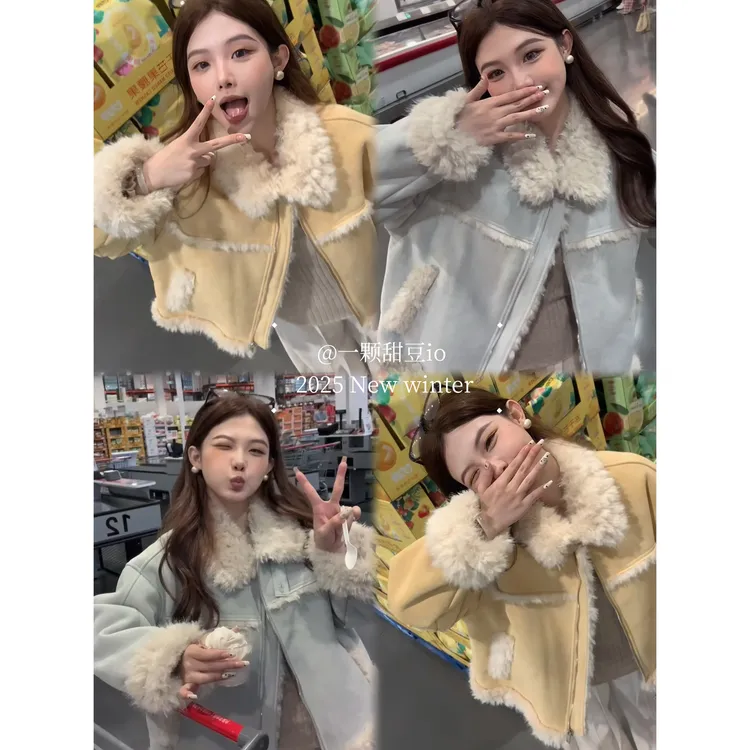 仿羔毛外套女2025冬季短款小个子机车服软糯加厚上衣385