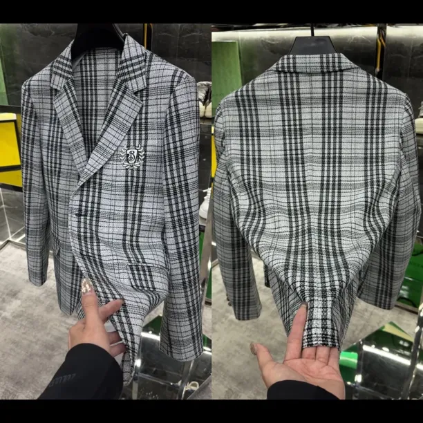春季男士修身高品质轻奢格子西服6111