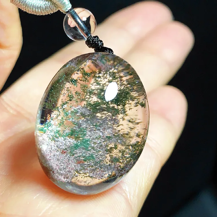 东海水晶天然蛋面绿幽灵水晶吊坠毛衣链通透原石项坠男女款聚宝盆
