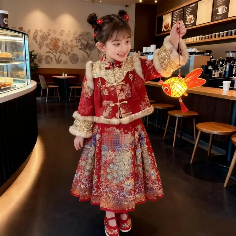 女童汉服新中式儿童马面裙套装冬装2025新款女孩国风新年装拜年服