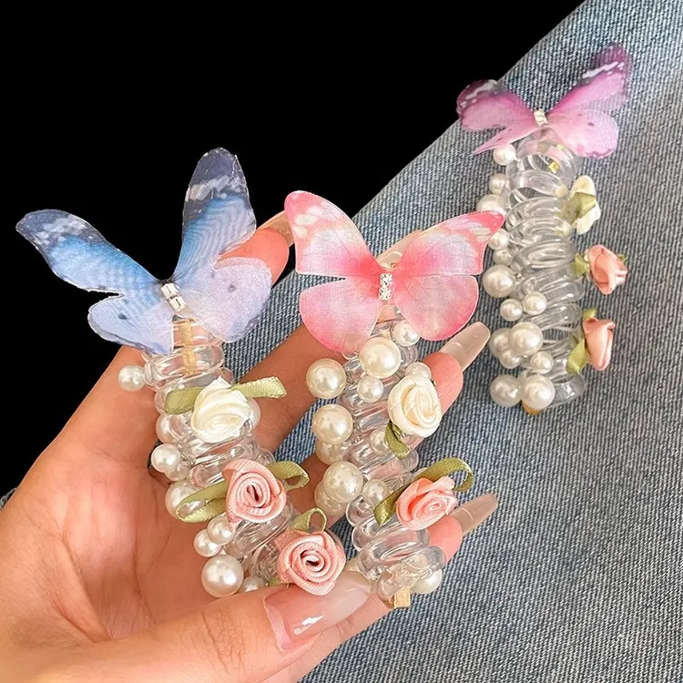 *超甜森系玫瑰电话线发圈女童高级感蝴蝶珍珠发夹泡泡辫扎马尾发