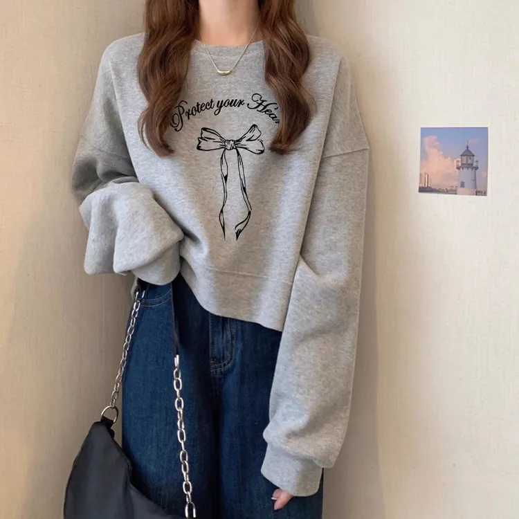 短款灰色卫衣女秋冬2025新款爆款小个子套头宽松小众长袖圆领上衣