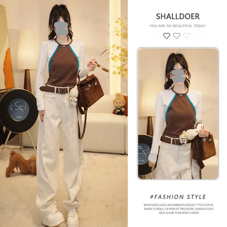 欧洲站复古时髦套装女2025春秋新款修身显瘦长袖t恤阔腿裤两件套