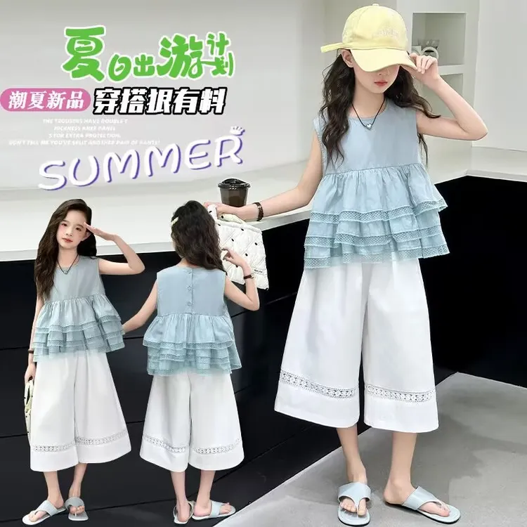 （现货）2025女童蛋糕短袖上衣镂空裤子套装新款韩版夏装洋气女孩