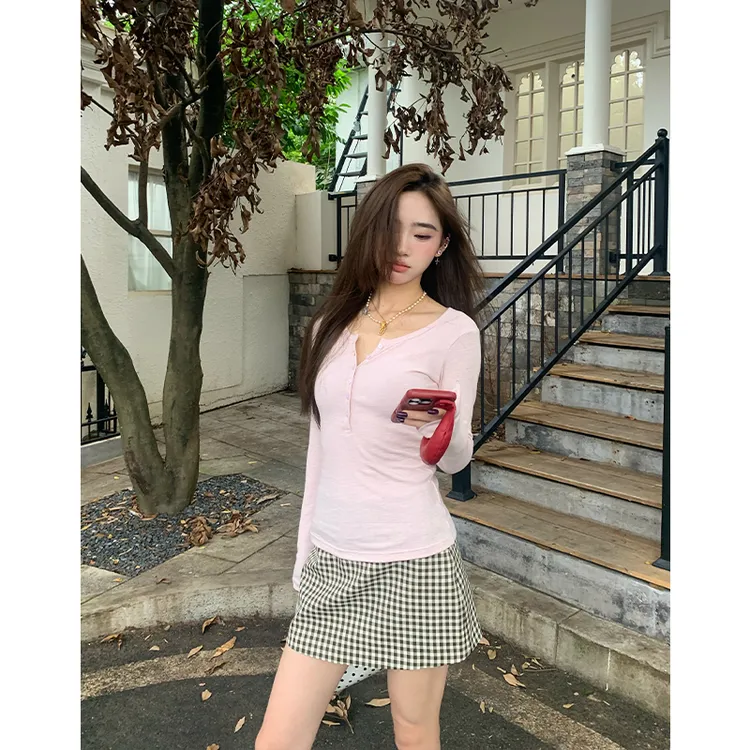 橘子树在哪儿韩系休闲半排扣T恤女秋季款百搭修身显瘦气质上衣