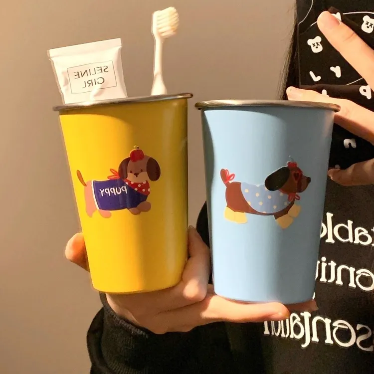 可爱腊肠狗漱口杯家用牙刷杯子洗漱杯情侣学生旅行不锈钢牙具牙杯