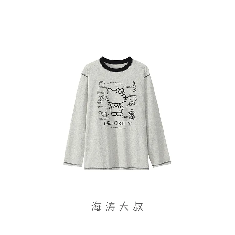 【海涛大叔】撞色领明线小猫圆领长袖T恤
