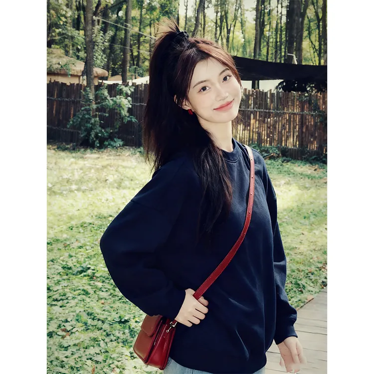 2025新款秋季宽松内搭打底衫超好看上衣女显白藏蓝长袖卫衣t恤女