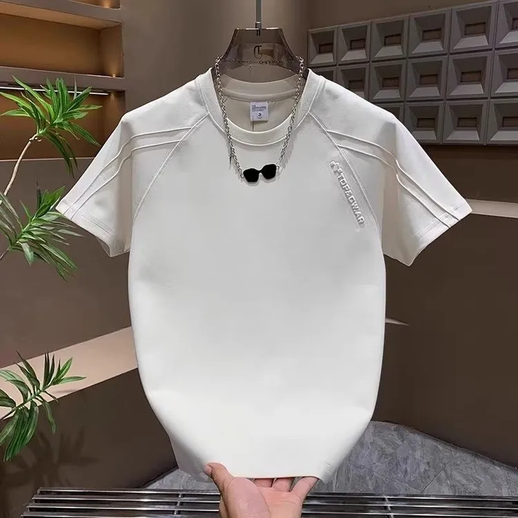 2025夏季新款男士立体裁剪潮流圆领短袖T恤时尚拼接字母压花上衣