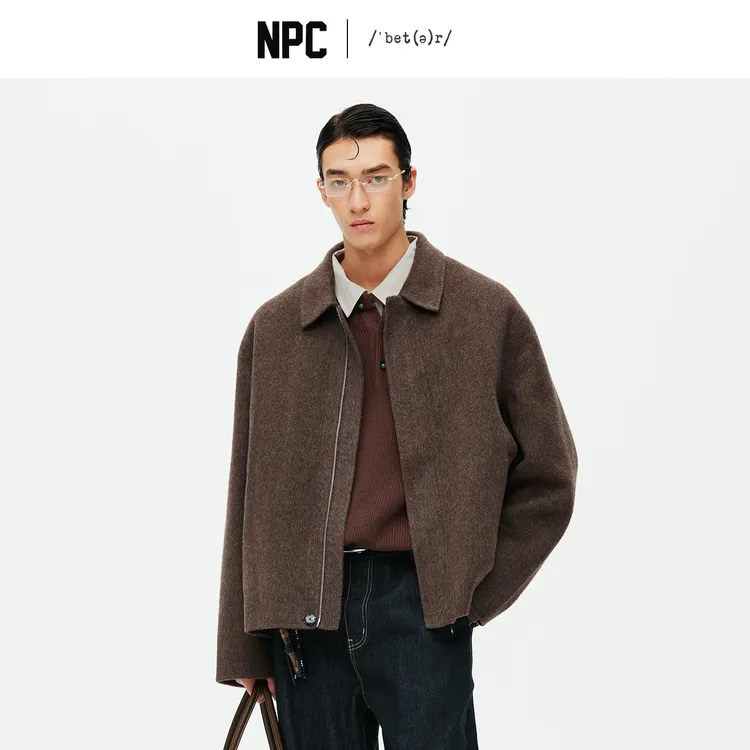 NPC潮牌重磅850G66支100%绵羊毛拉毛翻领短款毛呢大衣NP58WC26