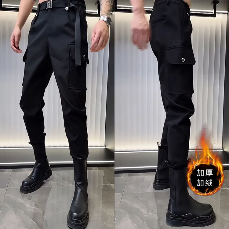 网红同款加绒加厚束脚裤气质百搭马丁靴裤自带腰带调节休闲卫裤男