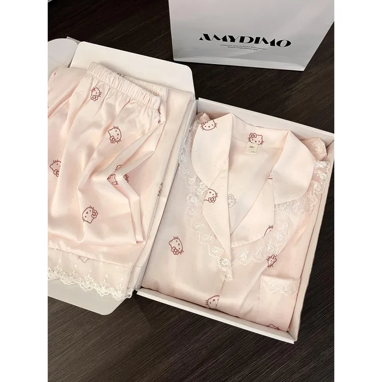 甜美可爱蕾丝花边冰丝睡衣女春秋季长袖长裤少女新款家居服套装